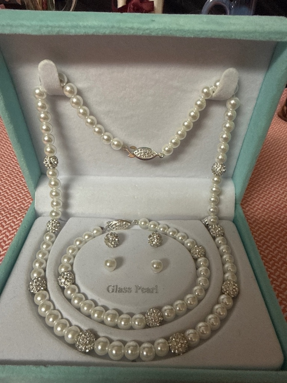 Pre-Owned Faux Pearl Necklace & Matching Earrings Silver Tone Cubic Zirconia